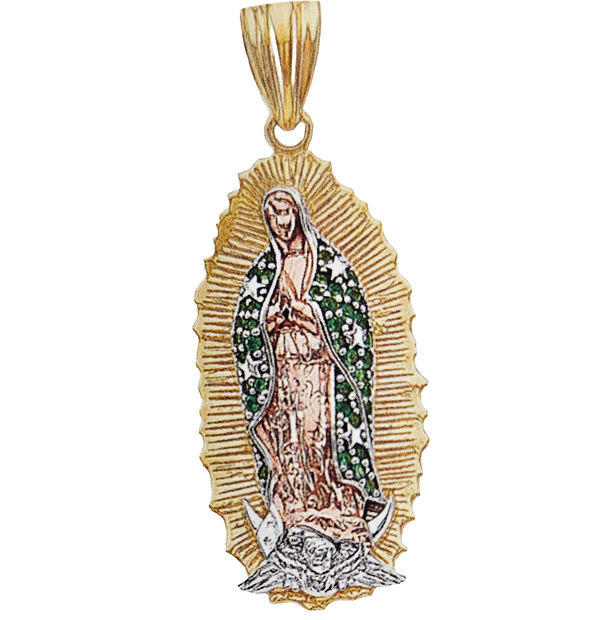 14kt medallion de guadalupe with green cubiczirconia